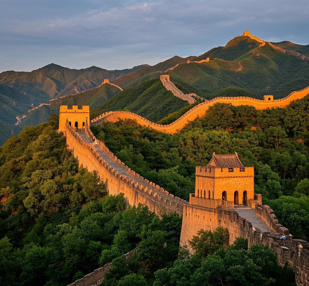 Panoramic view of the Great Wall winding across mountains