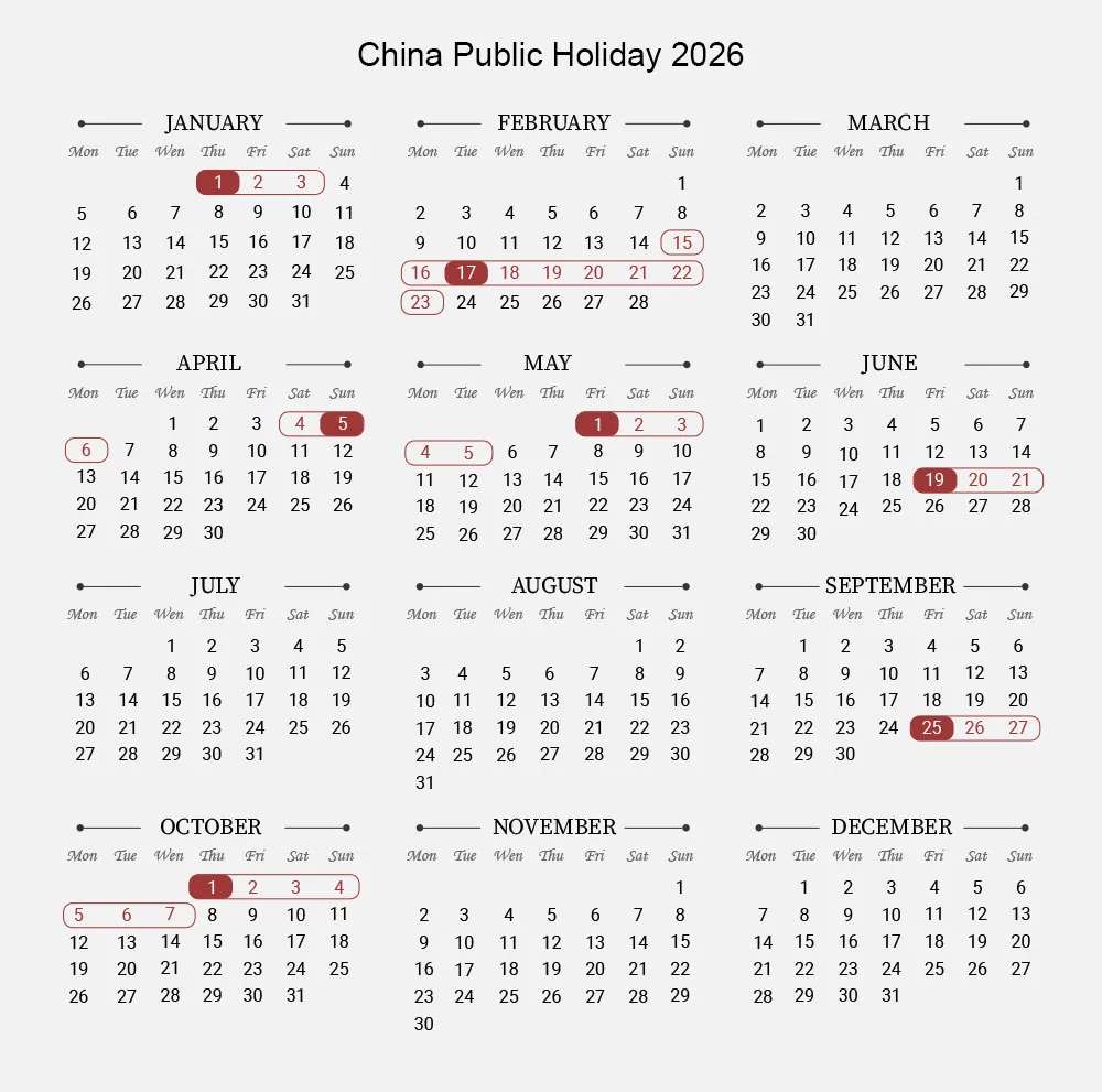 China Public Holiday Calendar (2026–2027)