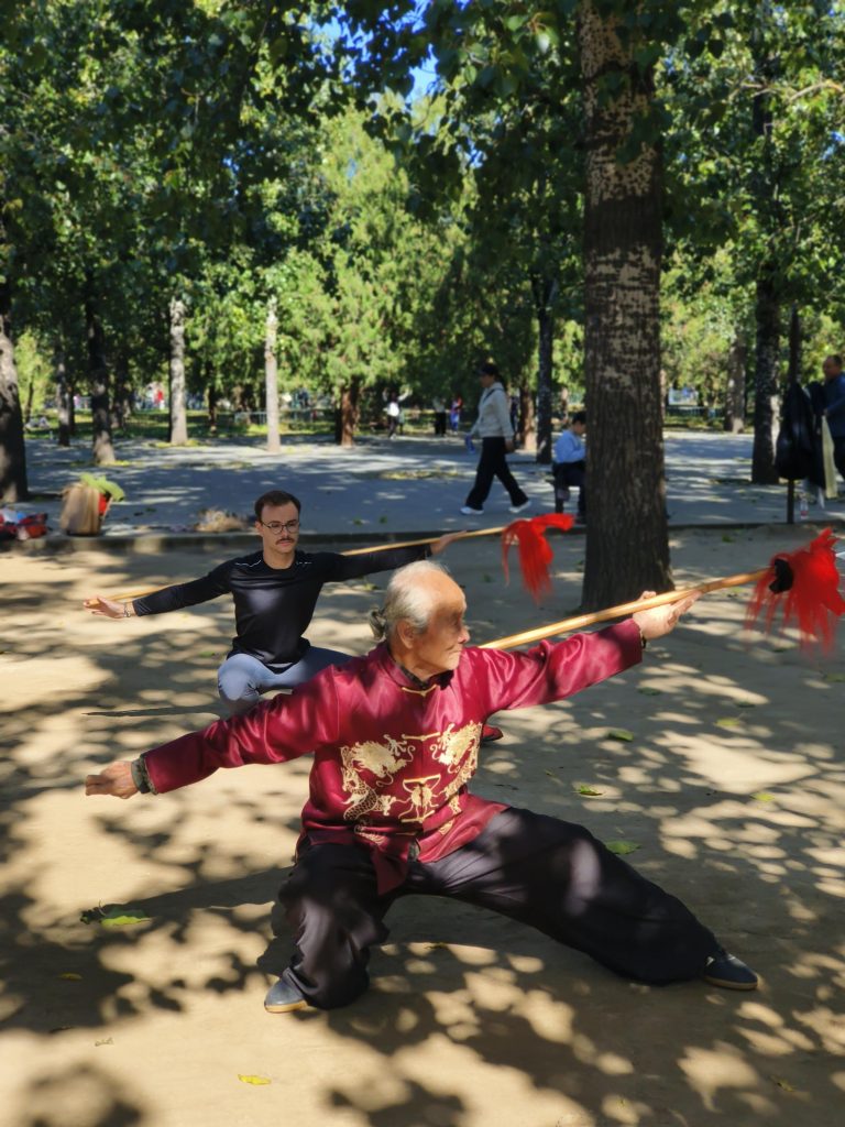 Locals practicing tai chi in a park