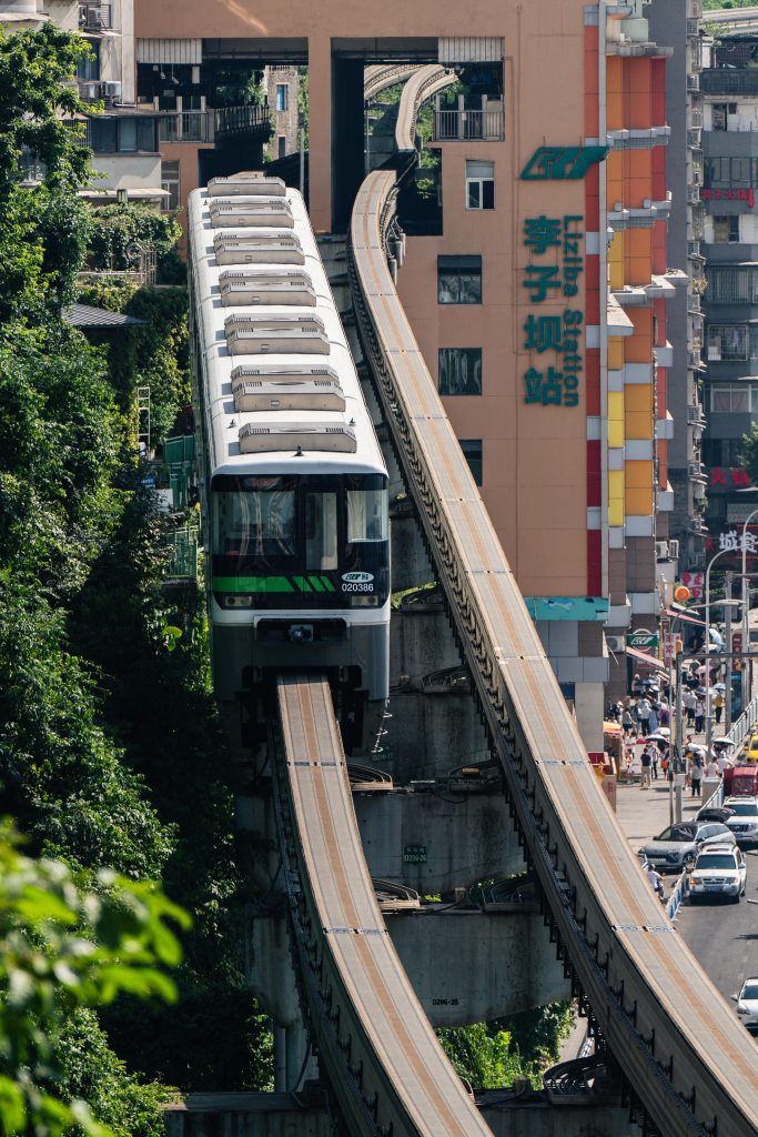 Liziba monorail passing through building hidden viewpoint