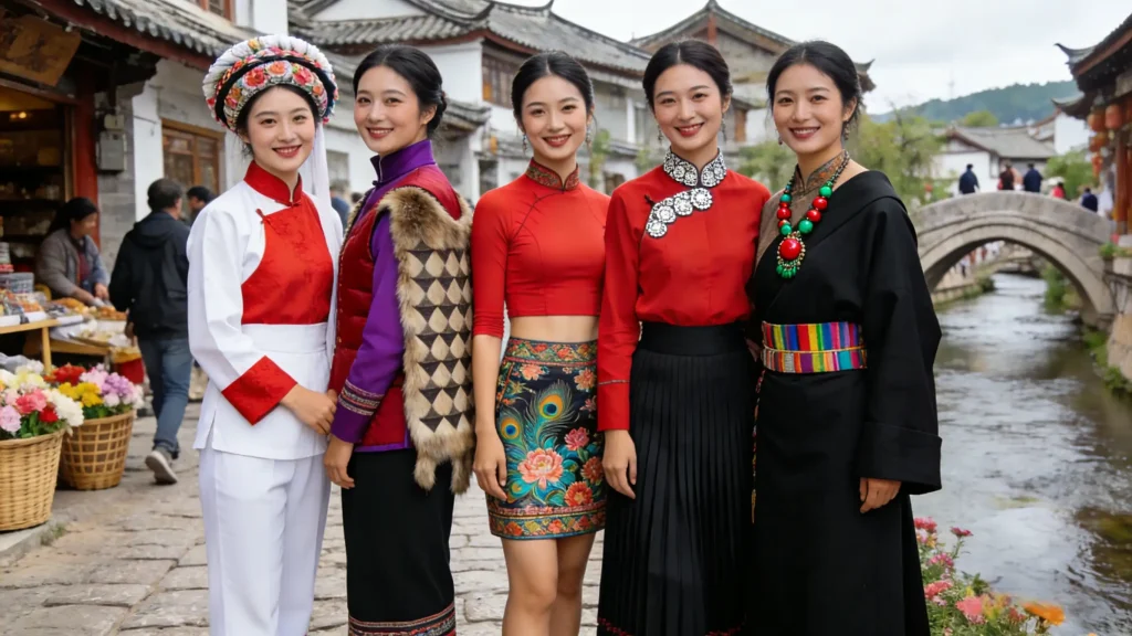 Women from different Yunnan ethnic minority groups standing together in traditional dress, showcasing the province's cultural diversity