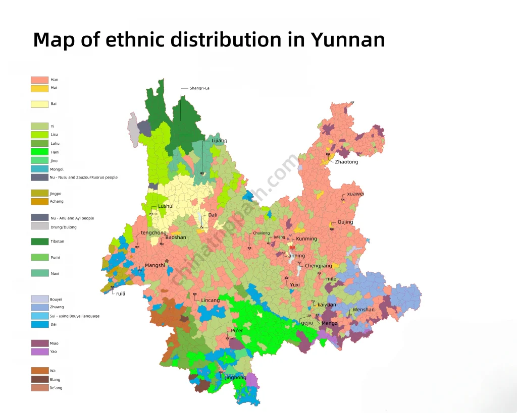 Map showing distribution of Yunnan's major ethnic minority groups across the province