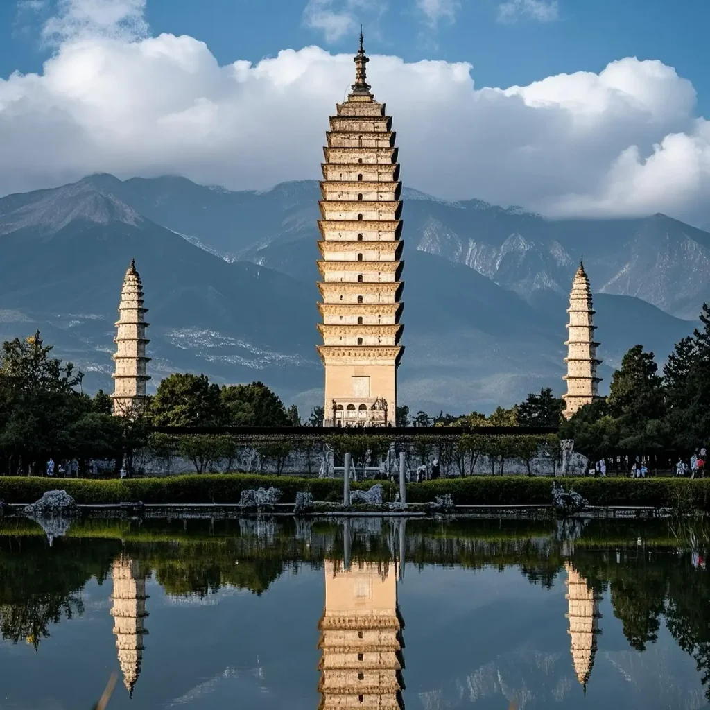 Three Pagodas of Chongsheng Temple in Dali, built during the Nanzhao Kingdom period, reflected in a pond
