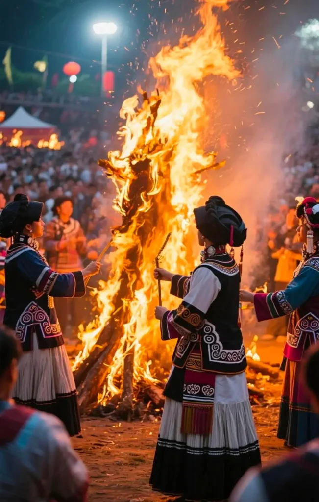 Torch Festival bonfire dancing at the Stone Forest